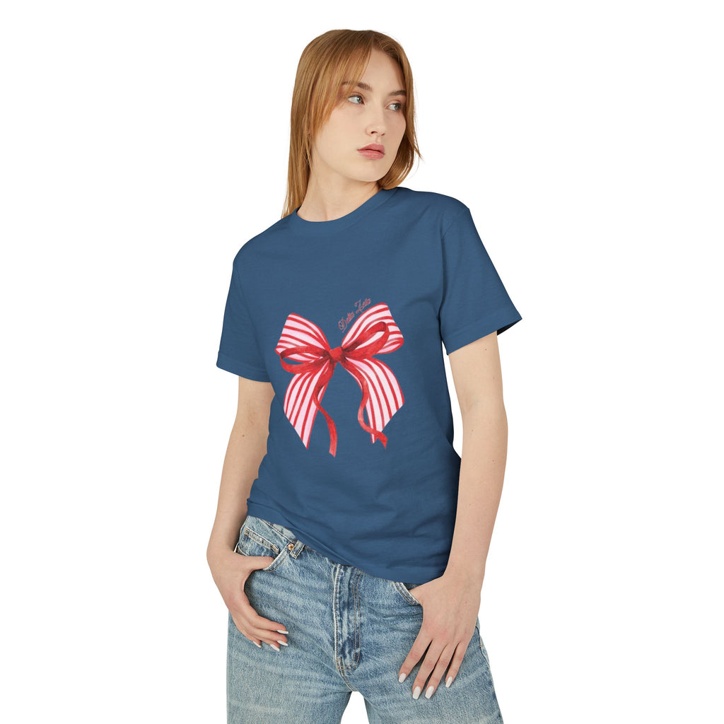 Bow Graphic T-Shirt — Red Striped Ribbon "With Love" Tee