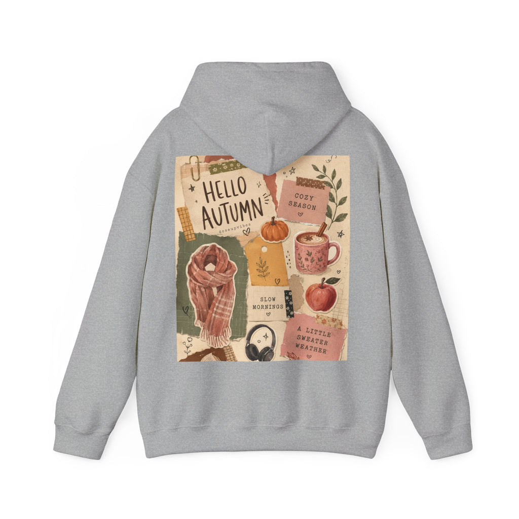 Hello Autumn Hoodie — Cozy Fall Graphic Sweatshirt with Pumpkin, Scarf & Mug Design