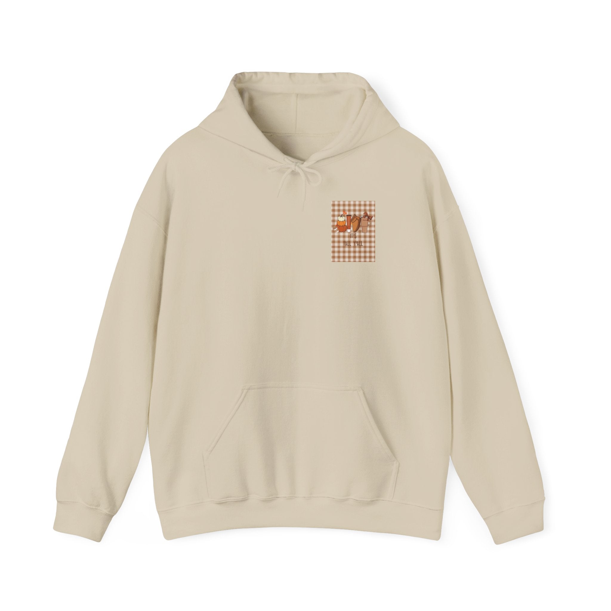 Fall Plaid Hoodie — "'Tis Fall Y'all" Pumpkin & Cozy Drinks Graphic Hoodie