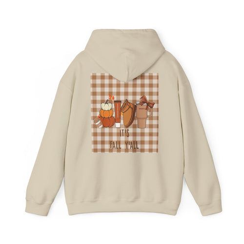 Fall Plaid Hoodie — "'Tis Fall Y'all" Pumpkin & Cozy Drinks Graphic Hoodie