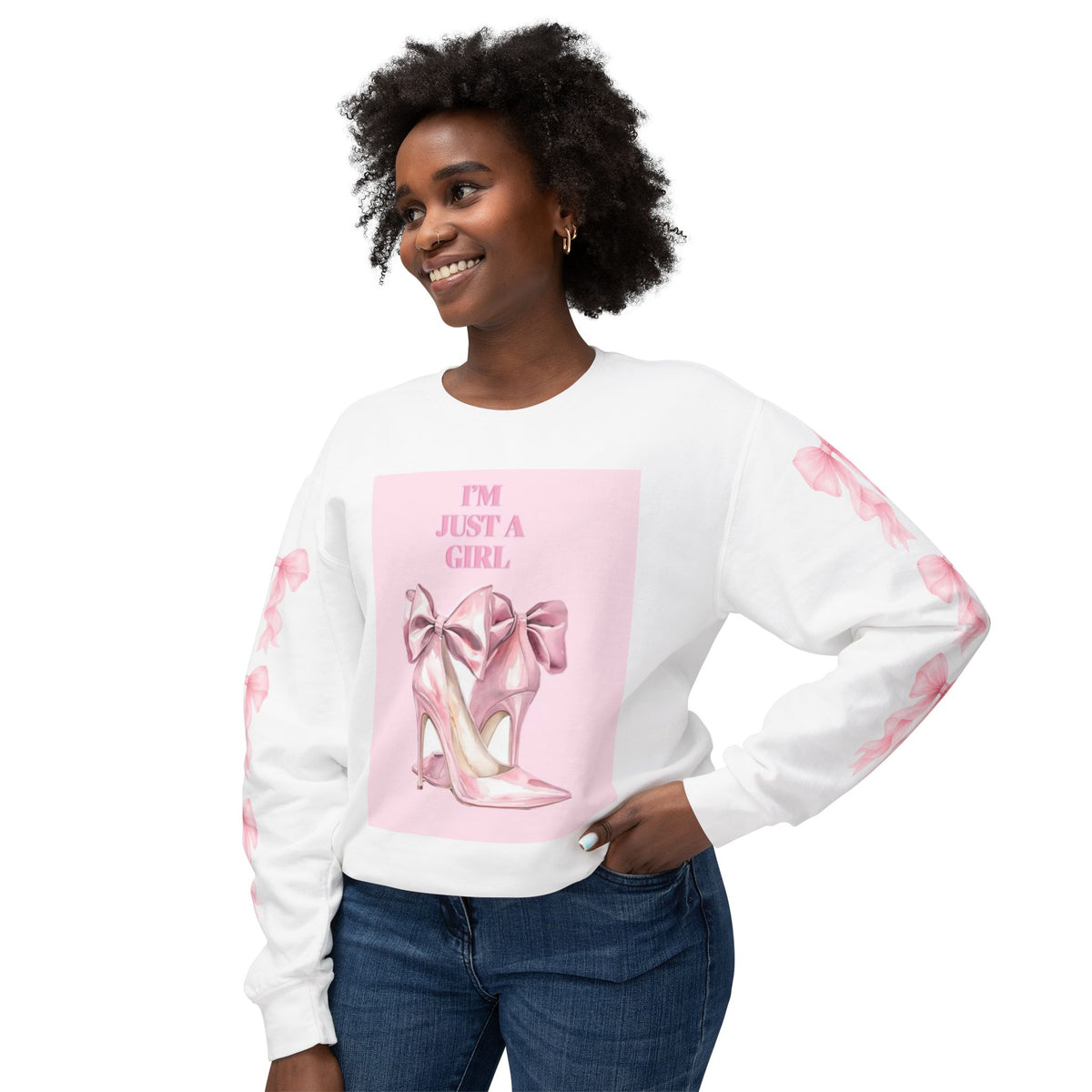 Girl Power Crewneck Sweatshirt — Pink High Heels "I'm Just a Girl" Design