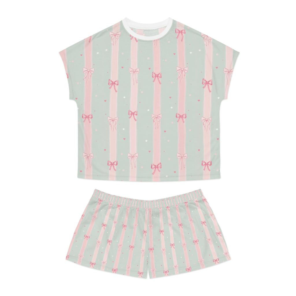 Women's Mint & Pink Bow Stripe Pajama Set - Short Sleeve Lounge Set