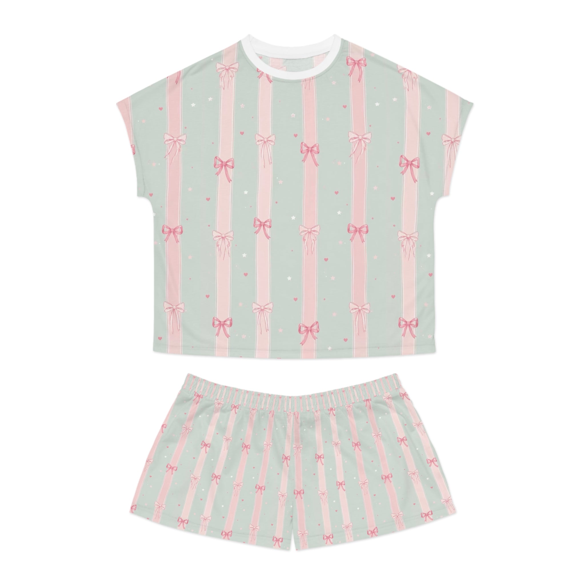 Women's Mint & Pink Bow Stripe Pajama Set - Short Sleeve Lounge Set