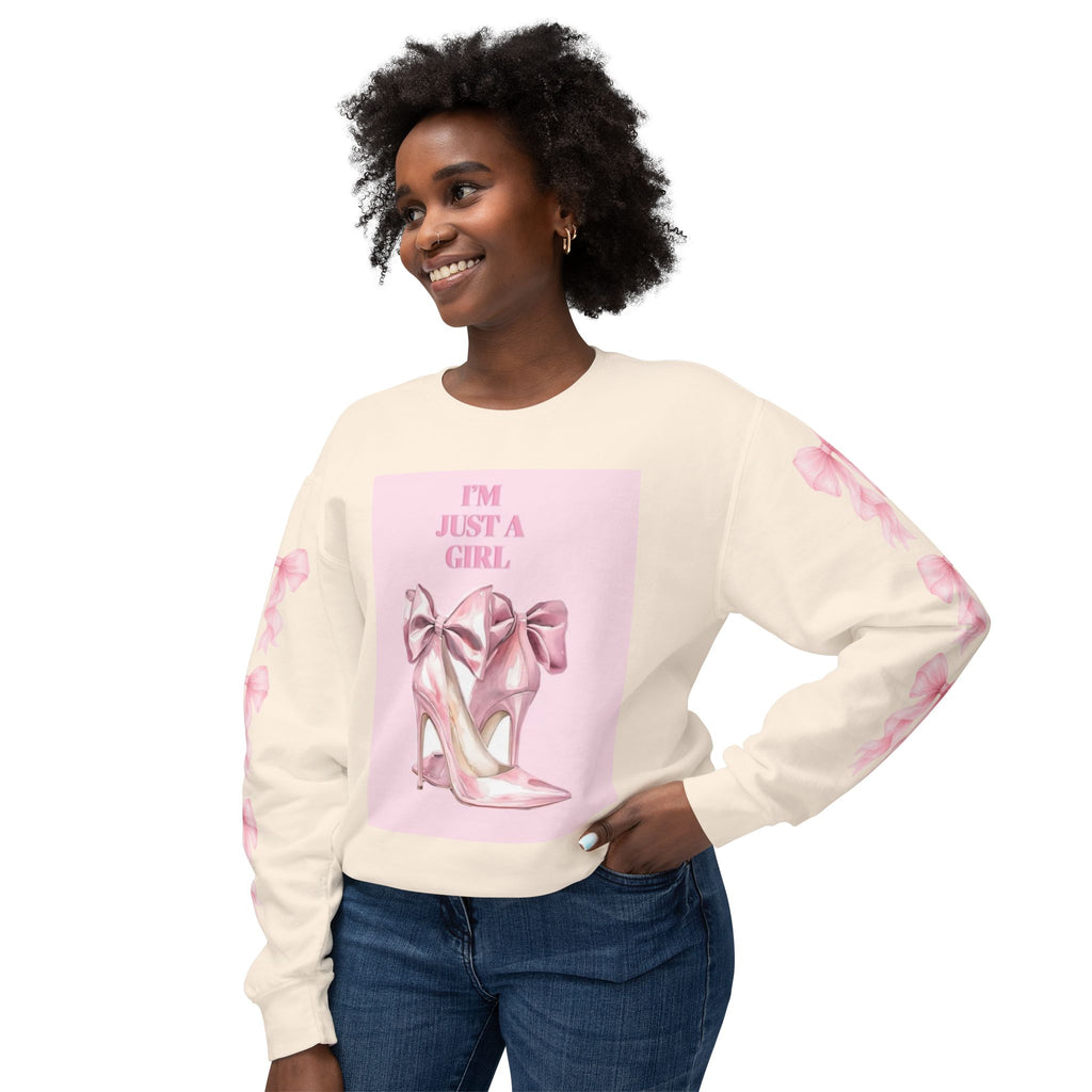 Girl Power Crewneck Sweatshirt — Pink High Heels "I'm Just a Girl" Design