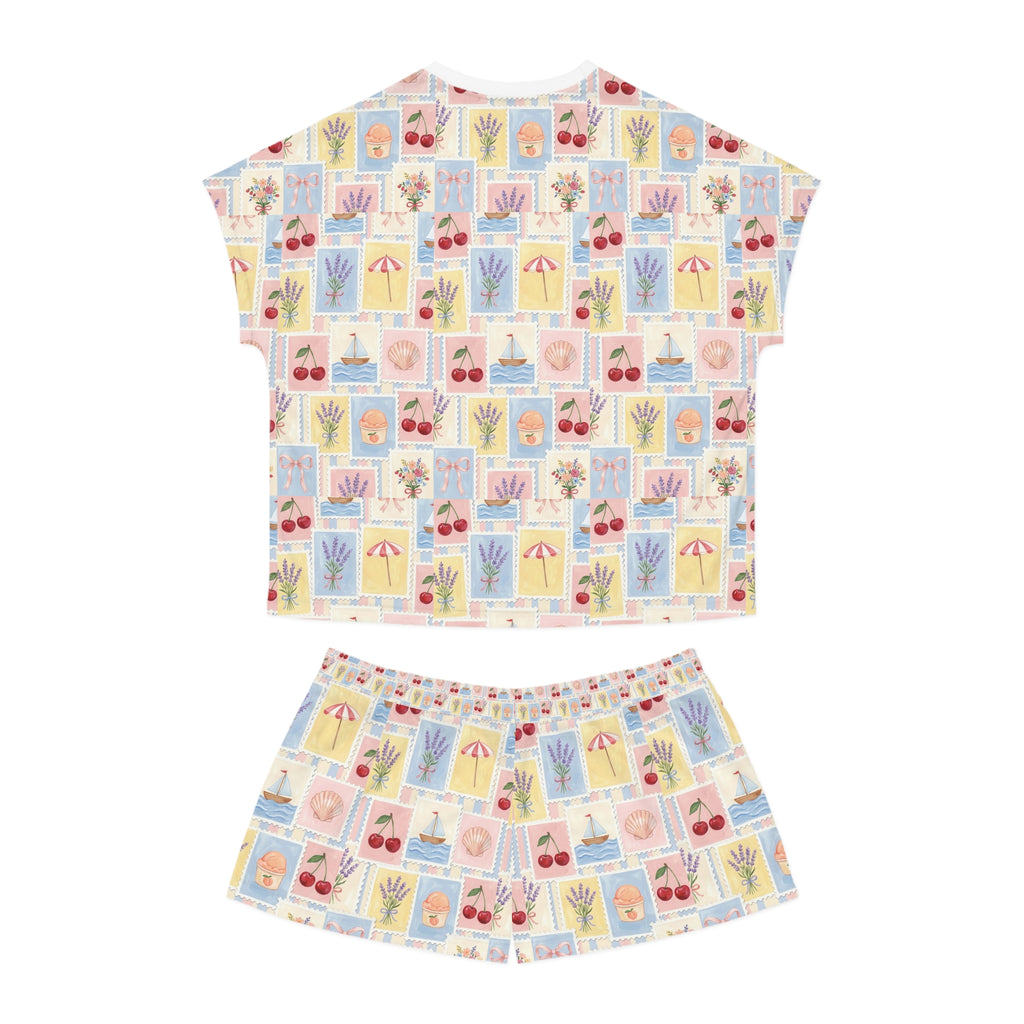 Women's Short Pajama Set — Pastel Summer Postcard Print