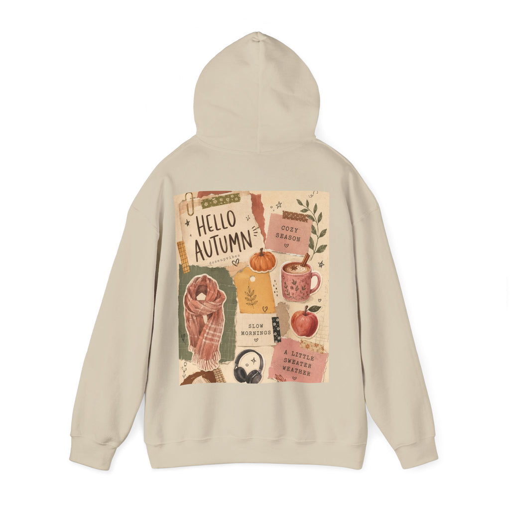 Hello Autumn Hoodie — Cozy Fall Graphic Sweatshirt with Pumpkin, Scarf & Mug Design