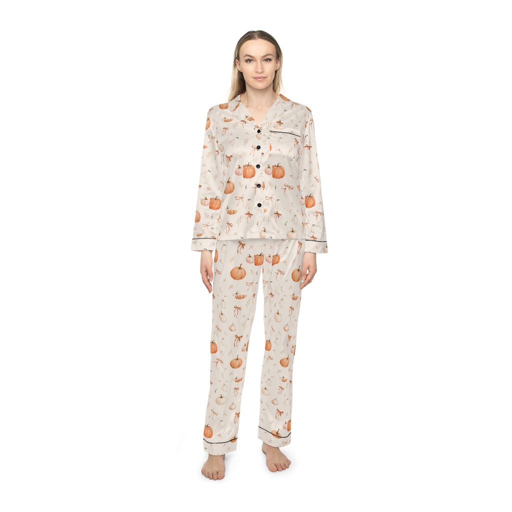 Women's Satin Pumpkin Pajama Set – Autumn Harvest Sleepwear