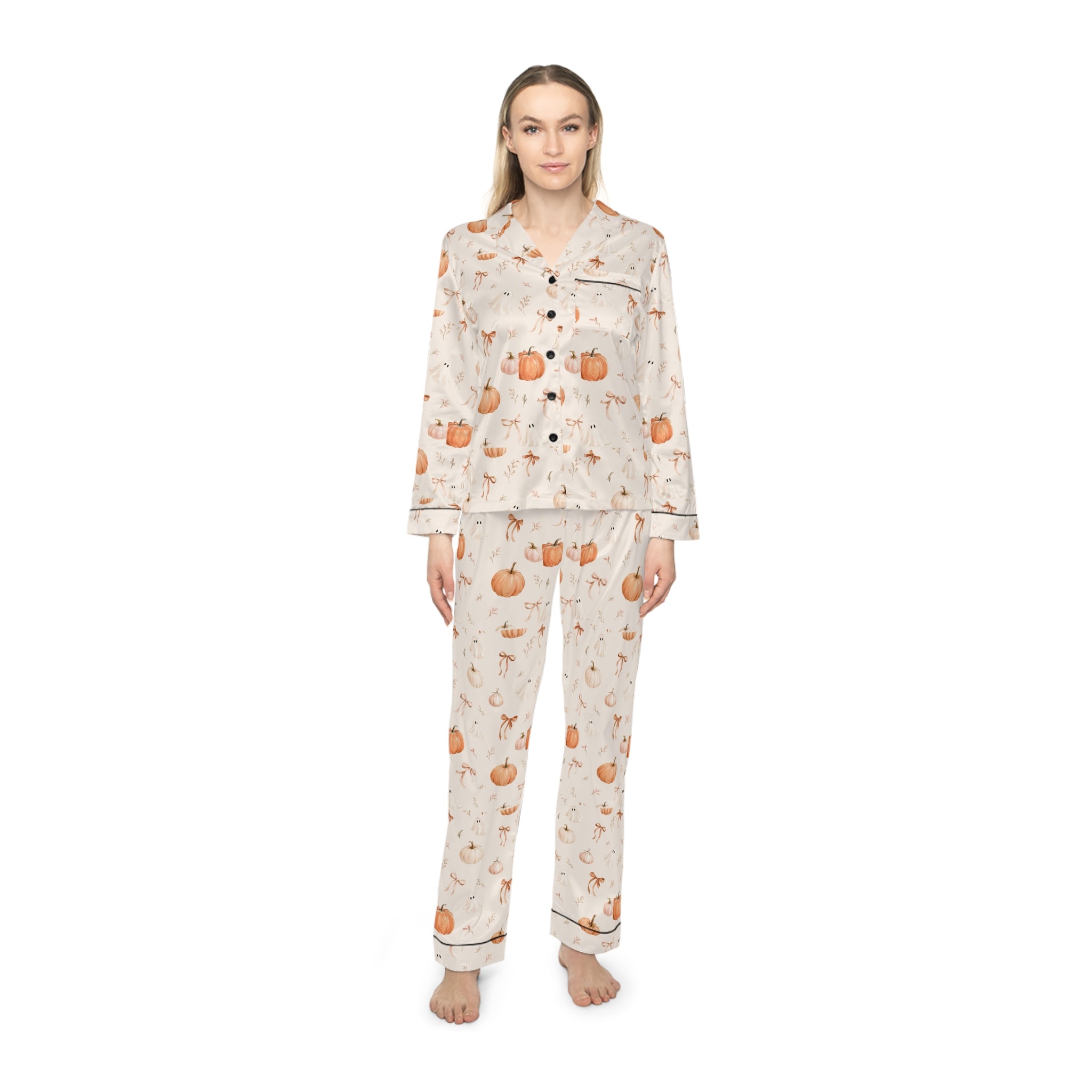 Women's Satin Pumpkin Pajama Set – Autumn Harvest Sleepwear