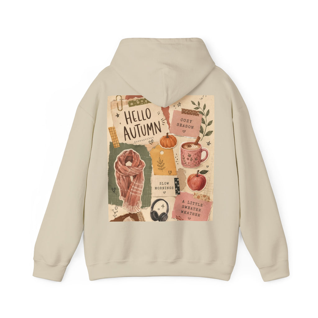 Hello Autumn Hoodie — Cozy Fall Graphic Sweatshirt with Pumpkin, Scarf & Mug Design