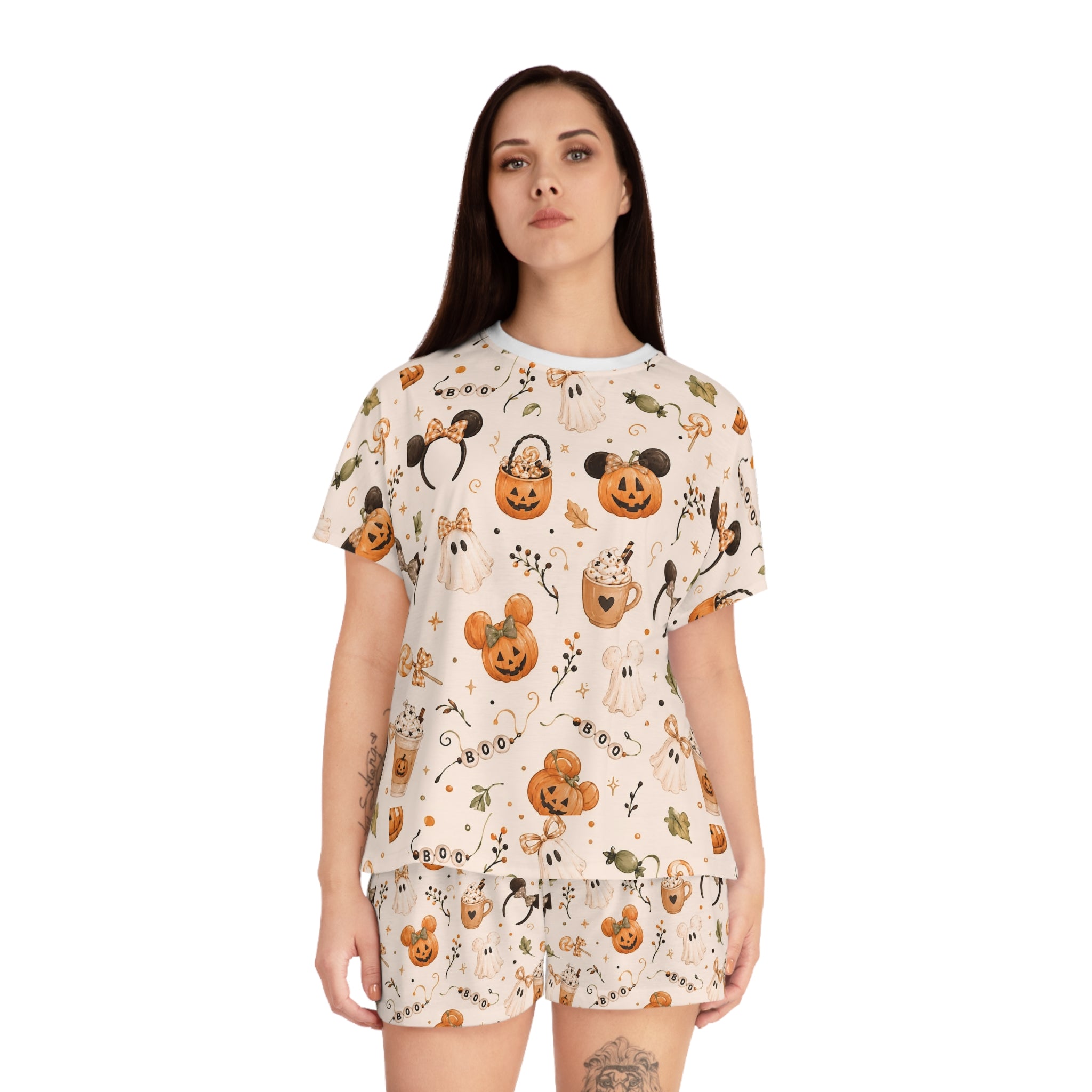 Halloween Mickey Pajama Set — Women's Short Sleepwear with Pumpkin & Ghost Allover Print