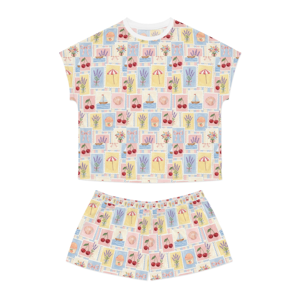 Women's Short Pajama Set — Pastel Summer Postcard Print