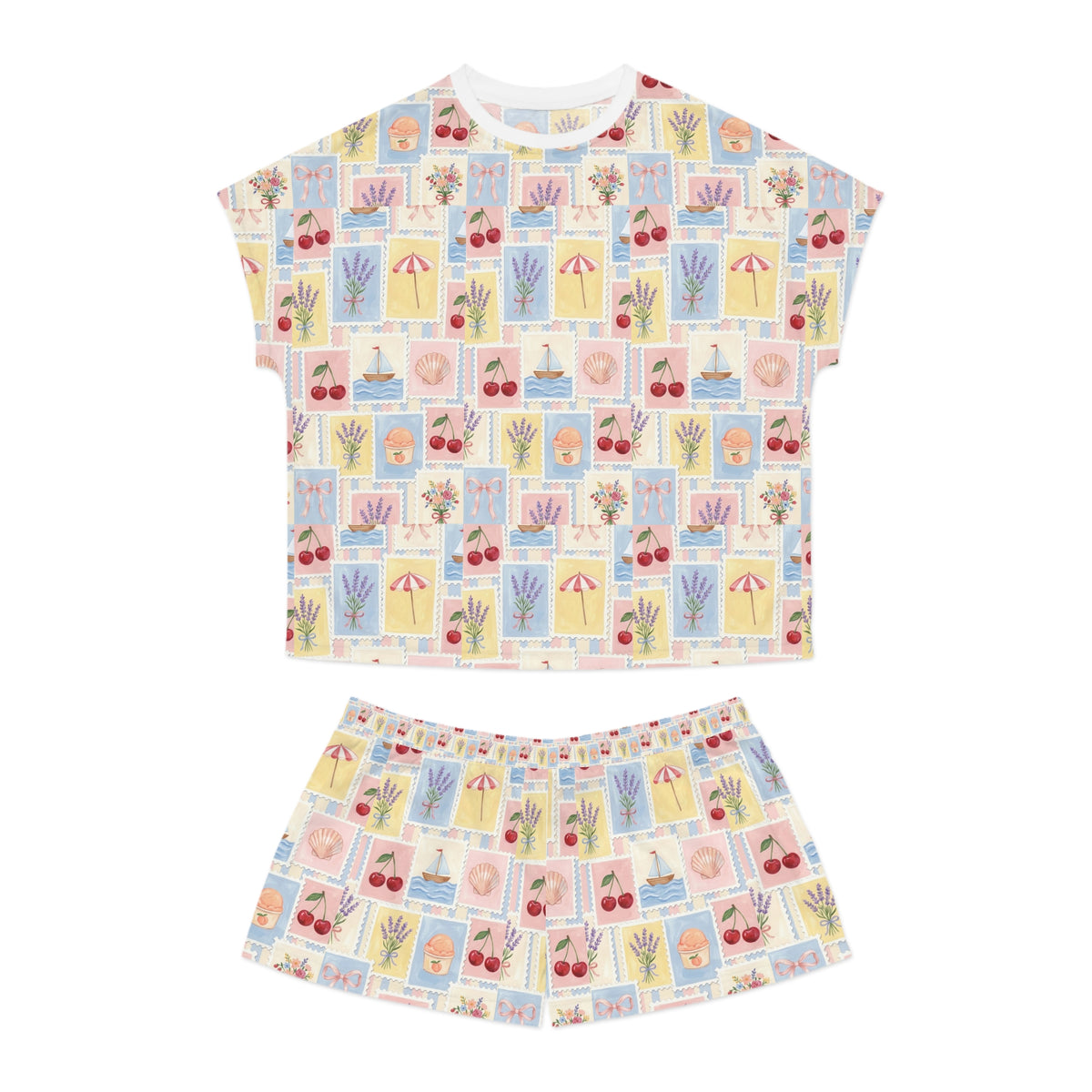 Women's Short Pajama Set — Pastel Summer Postcard Print