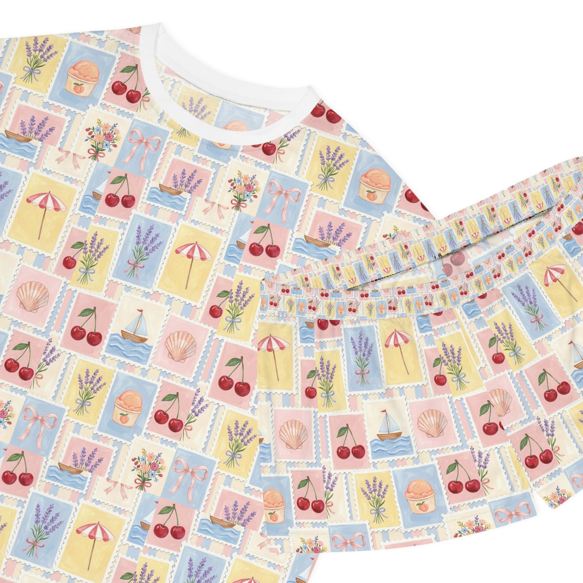 Women's Short Pajama Set — Pastel Summer Postcard Print