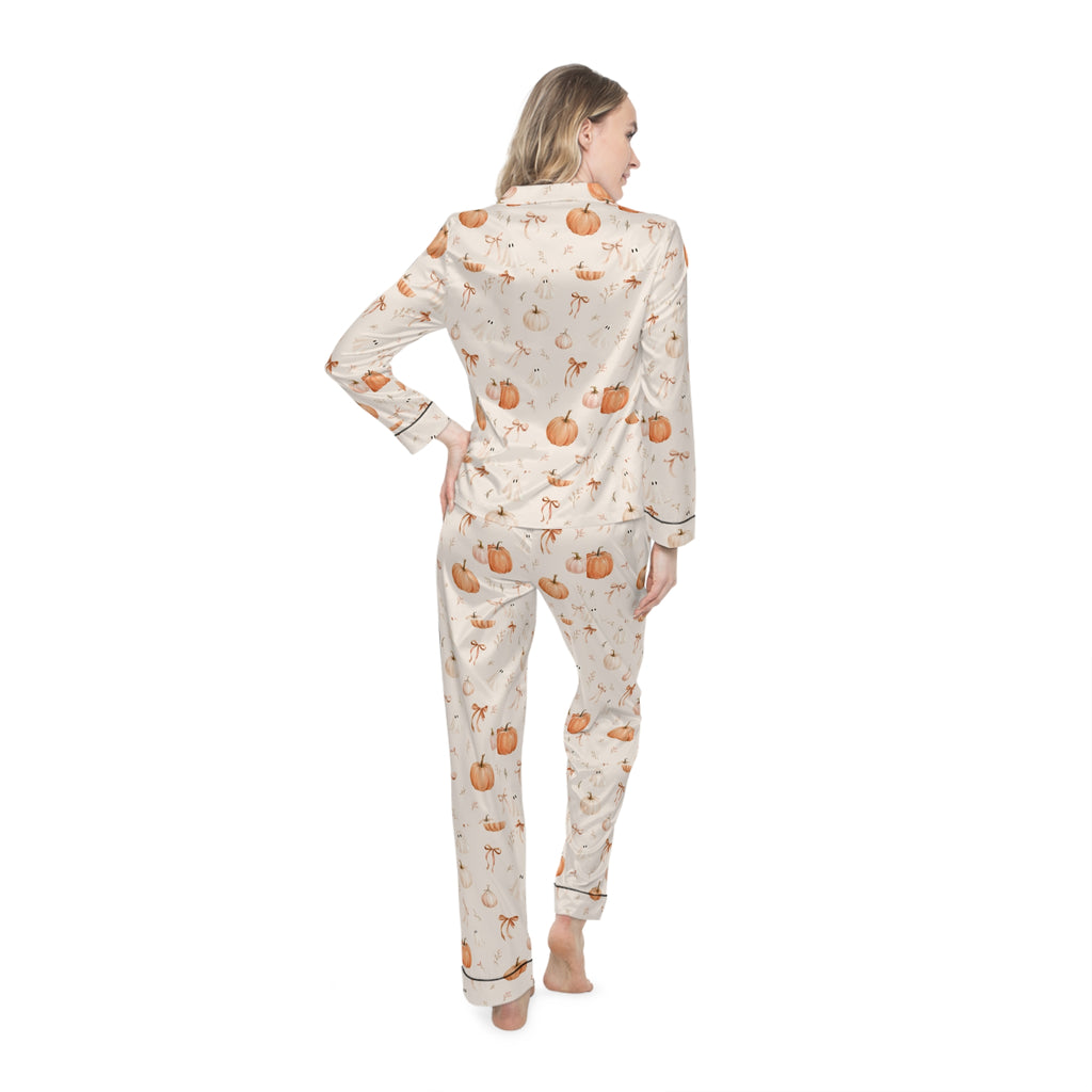 Women's Satin Pumpkin Pajama Set – Autumn Harvest Sleepwear