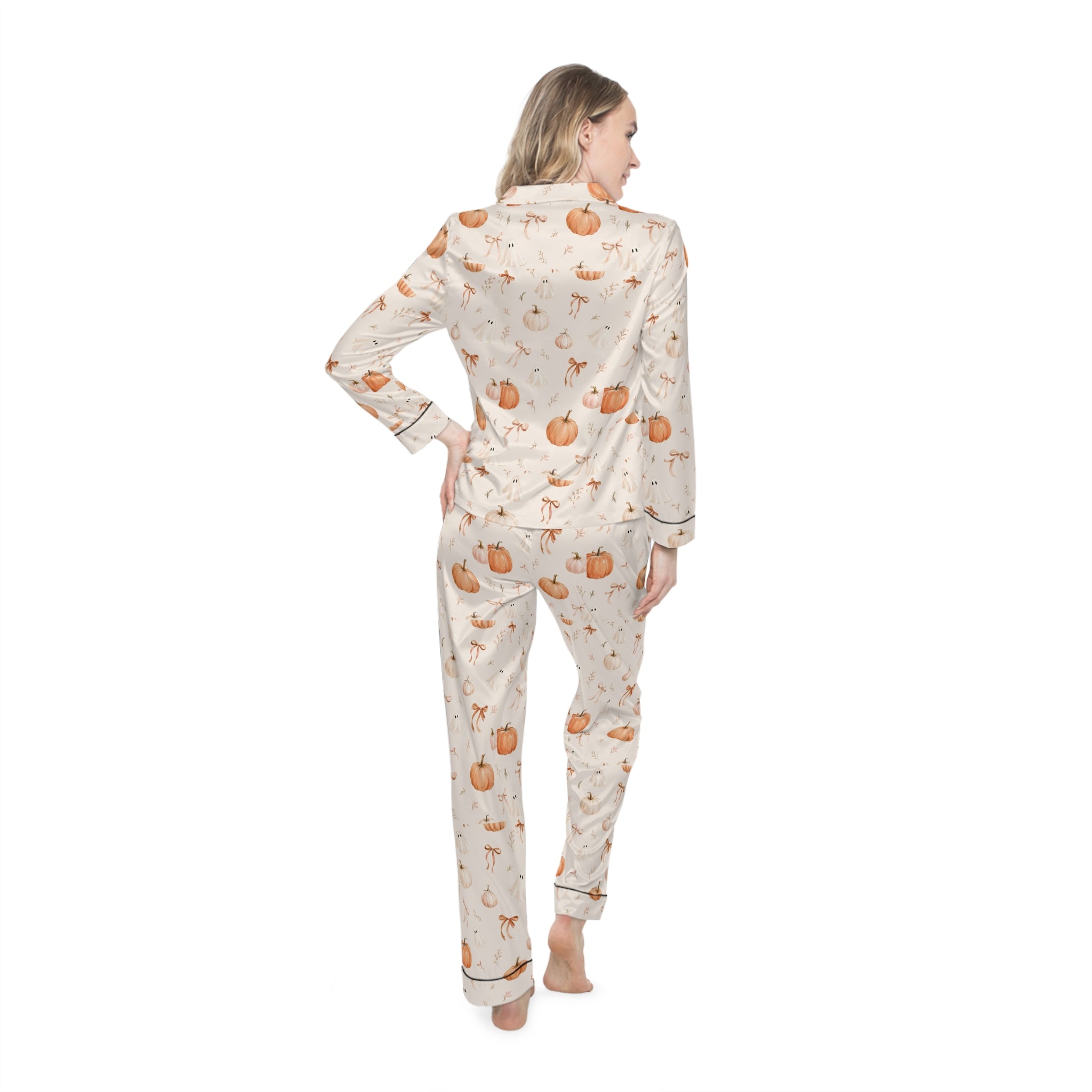 Women's Satin Pumpkin Pajama Set – Autumn Harvest Sleepwear