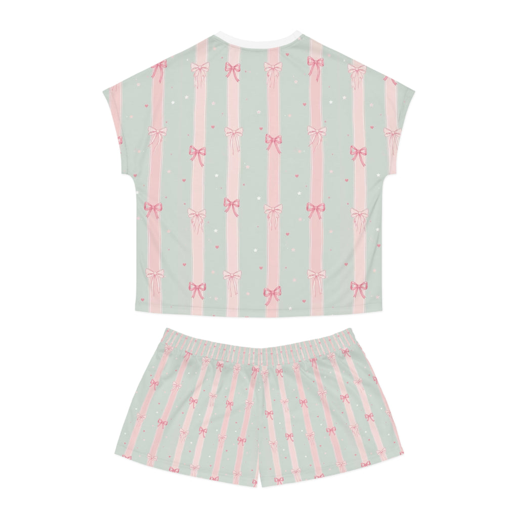 Women's Mint & Pink Bow Stripe Pajama Set - Short Sleeve Lounge Set