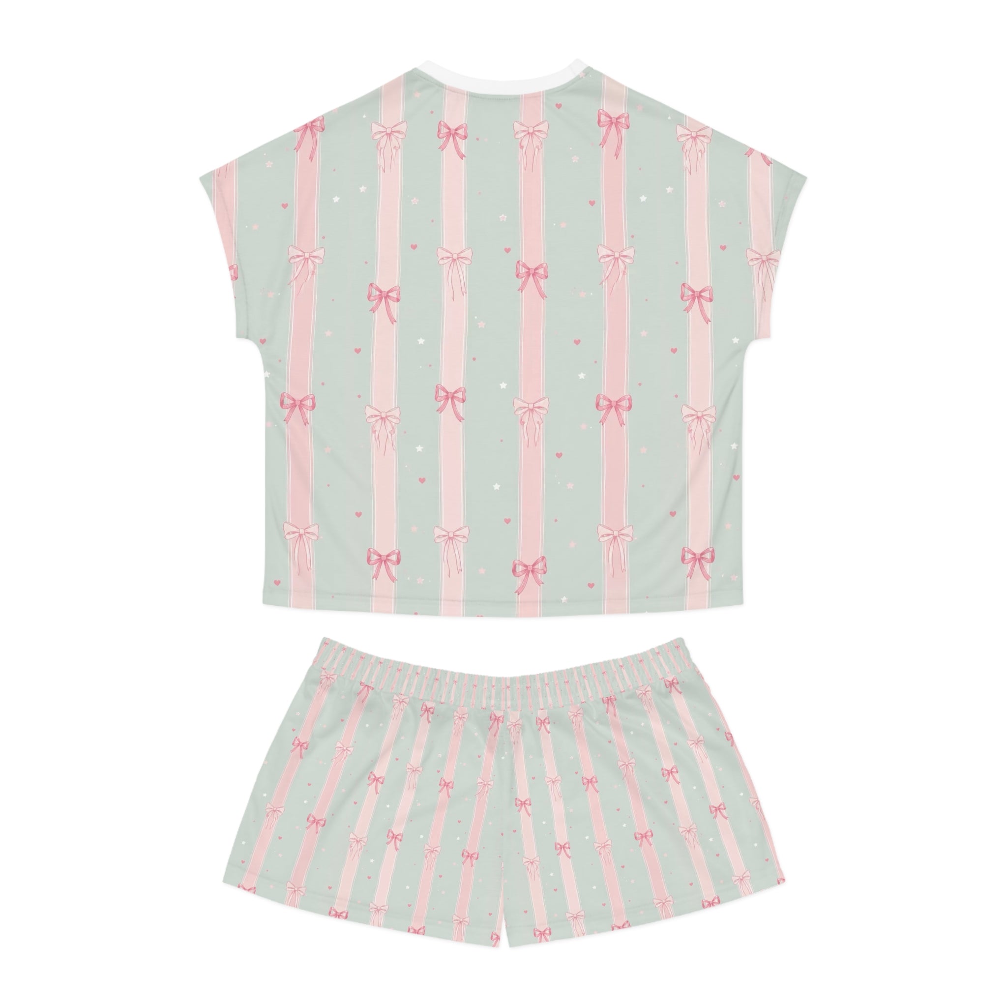 Women's Mint & Pink Bow Stripe Pajama Set - Short Sleeve Lounge Set
