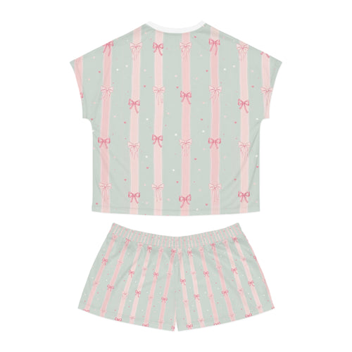 Women's Mint & Pink Bow Stripe Pajama Set - Short Sleeve Lounge Set