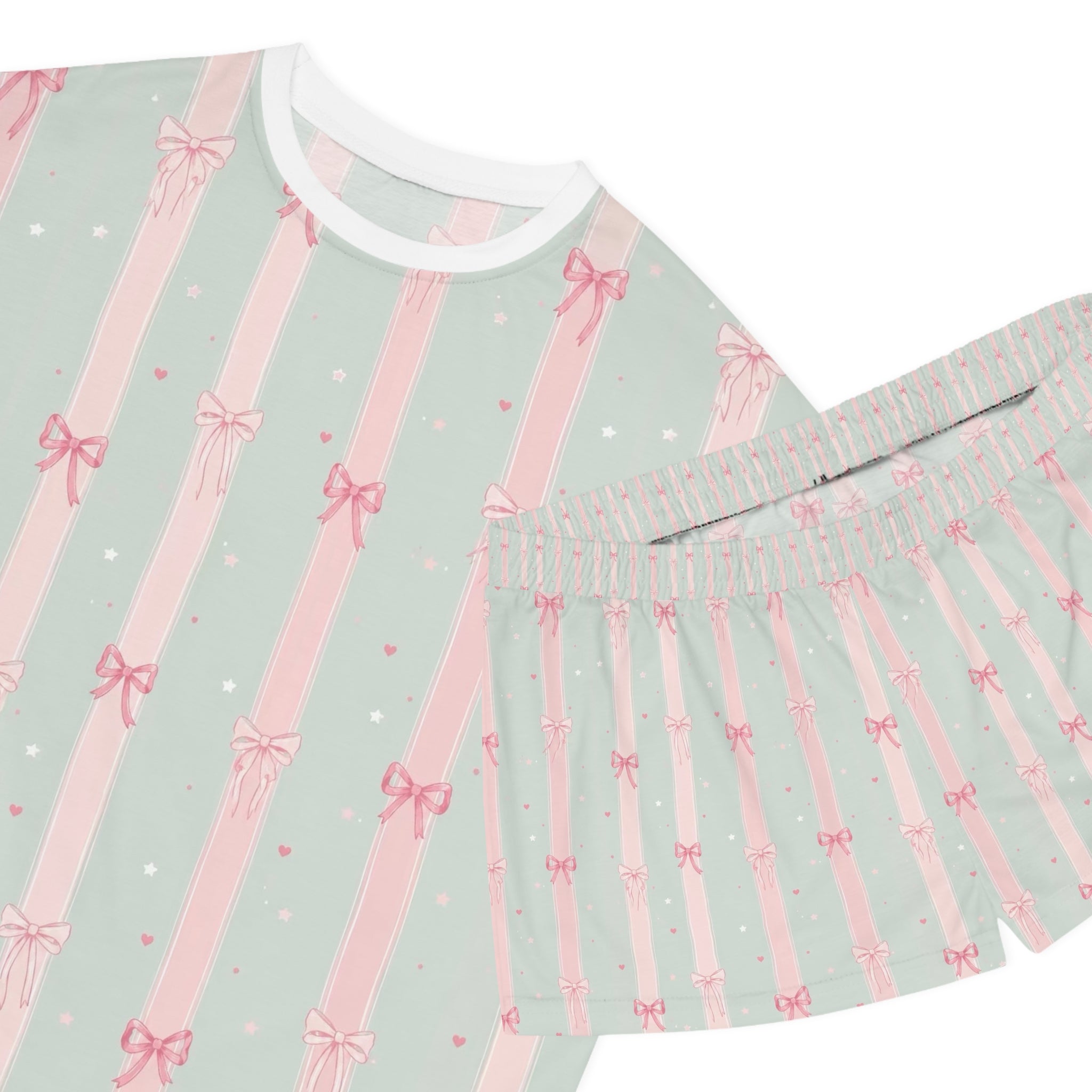 Women's Mint & Pink Bow Stripe Pajama Set - Short Sleeve Lounge Set