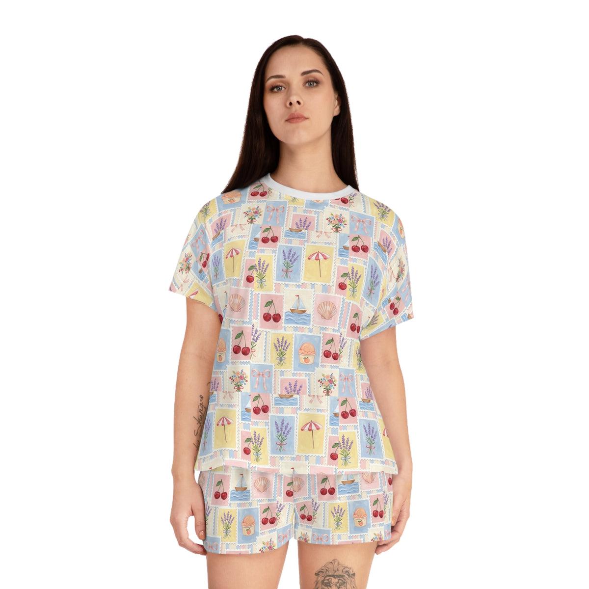 Women's Short Pajama Set — Pastel Summer Postcard Print
