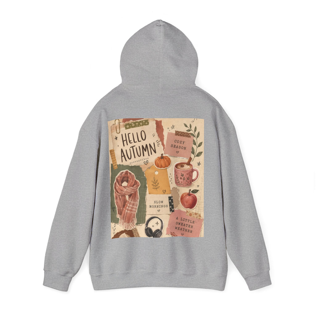 Hello Autumn Hoodie — Cozy Fall Graphic Sweatshirt with Pumpkin, Scarf & Mug Design