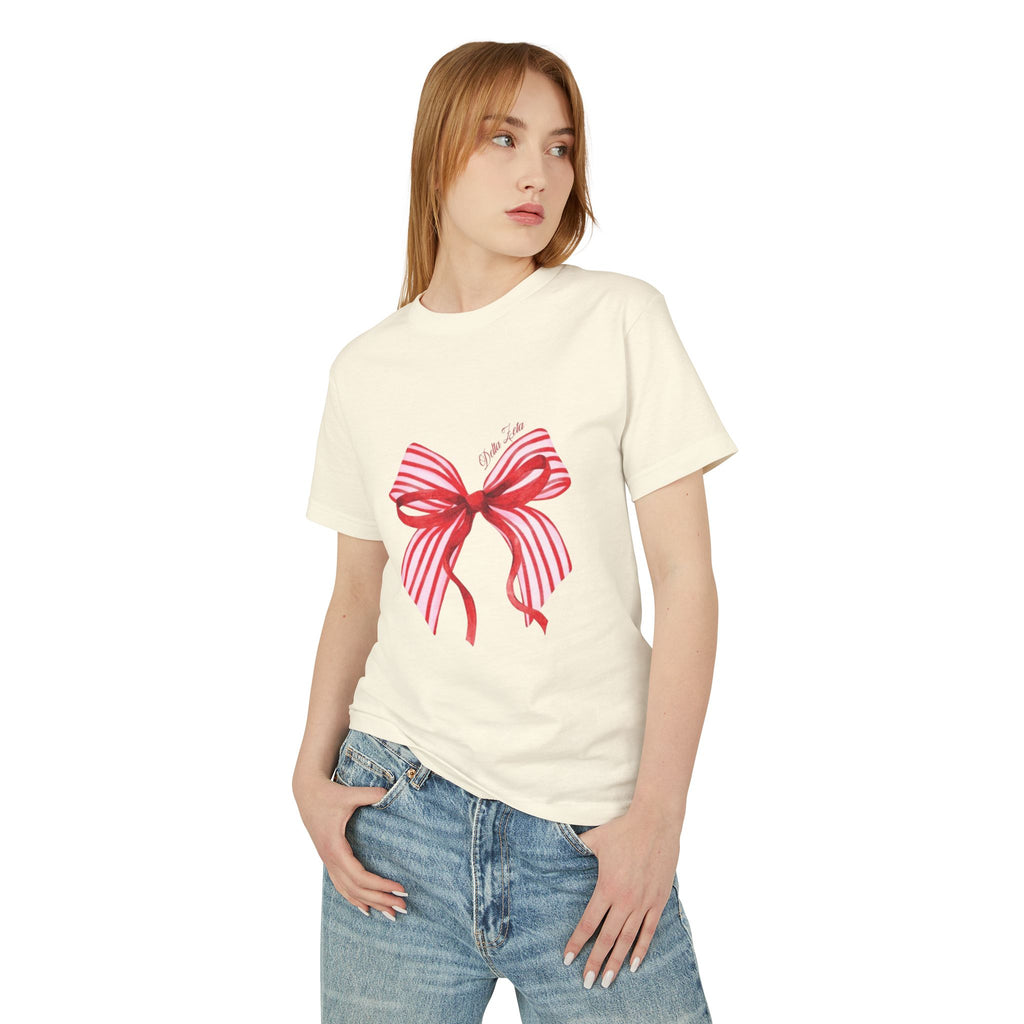 Bow Graphic T-Shirt — Red Striped Ribbon "With Love" Tee