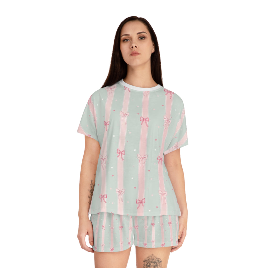 Women's Mint & Pink Bow Stripe Pajama Set - Short Sleeve Lounge Set