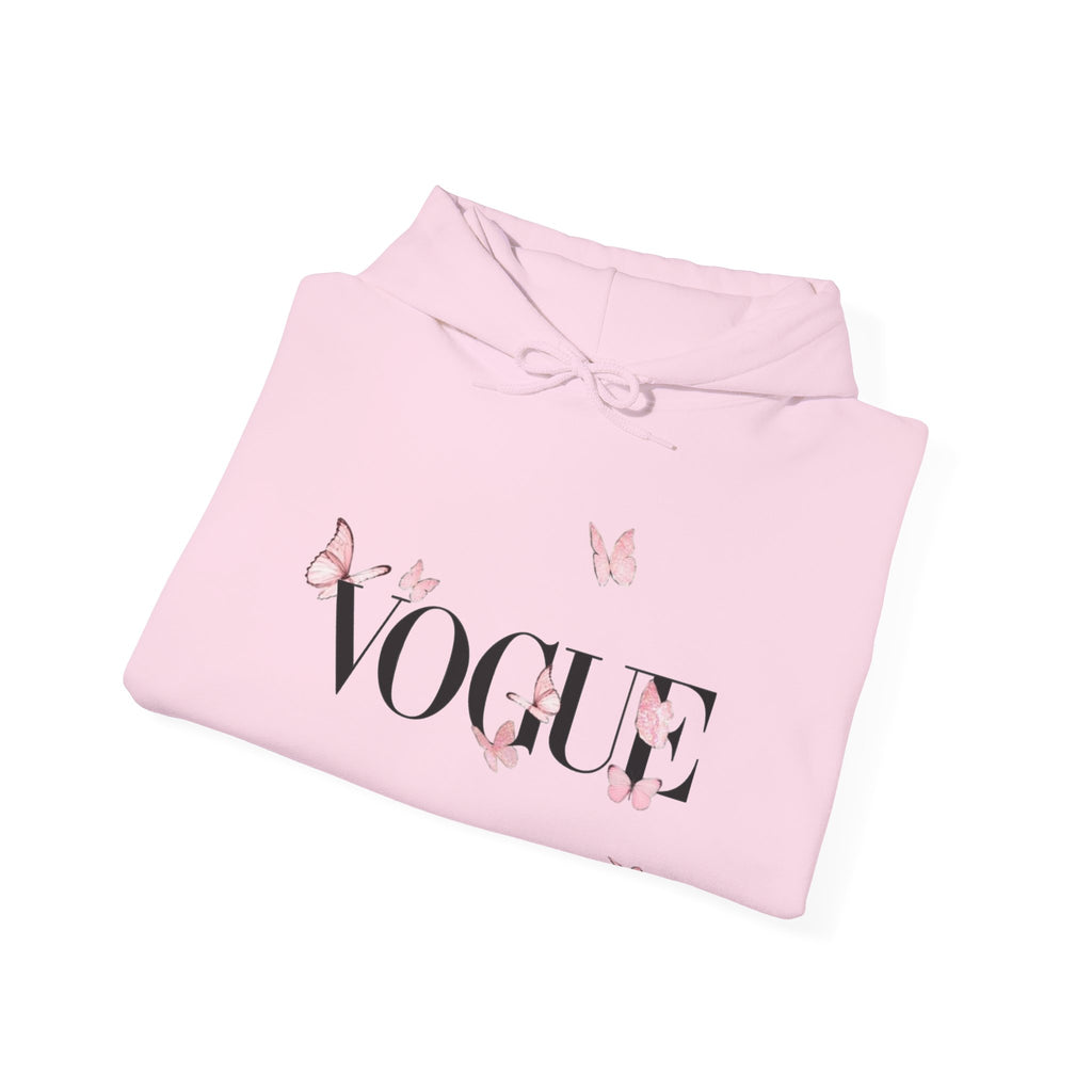 Vogue Pink Butterfly Hoodie — Fashion Magazine Graphic Sweatshirt