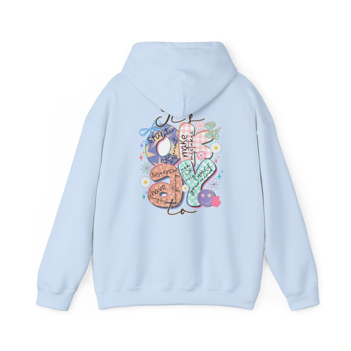 Positive Vibes Hoodie — Colorful Self-Care Graphic Sweatshirt (Be Kind, Breathe)