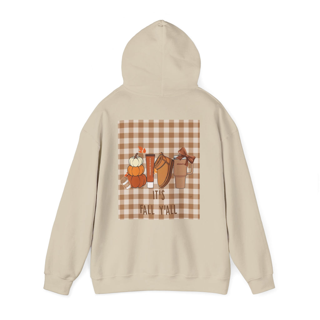 Fall Plaid Hoodie — "'Tis Fall Y'all" Pumpkin & Cozy Drinks Graphic Hoodie