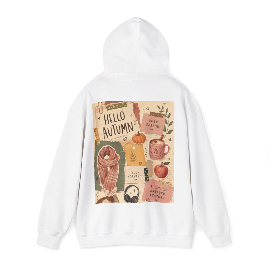 Hello Autumn Hoodie — Cozy Fall Graphic Sweatshirt with Pumpkin, Scarf & Mug Design